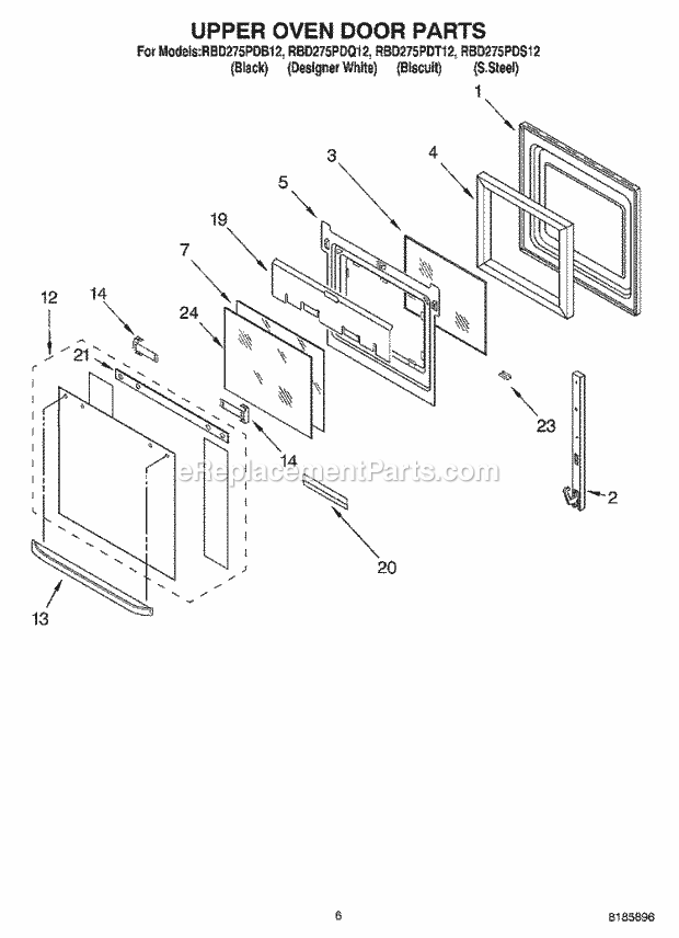 Whirlpool RBD275PDQ12 Electric Built-in Oven Upper Oven Door Diagram