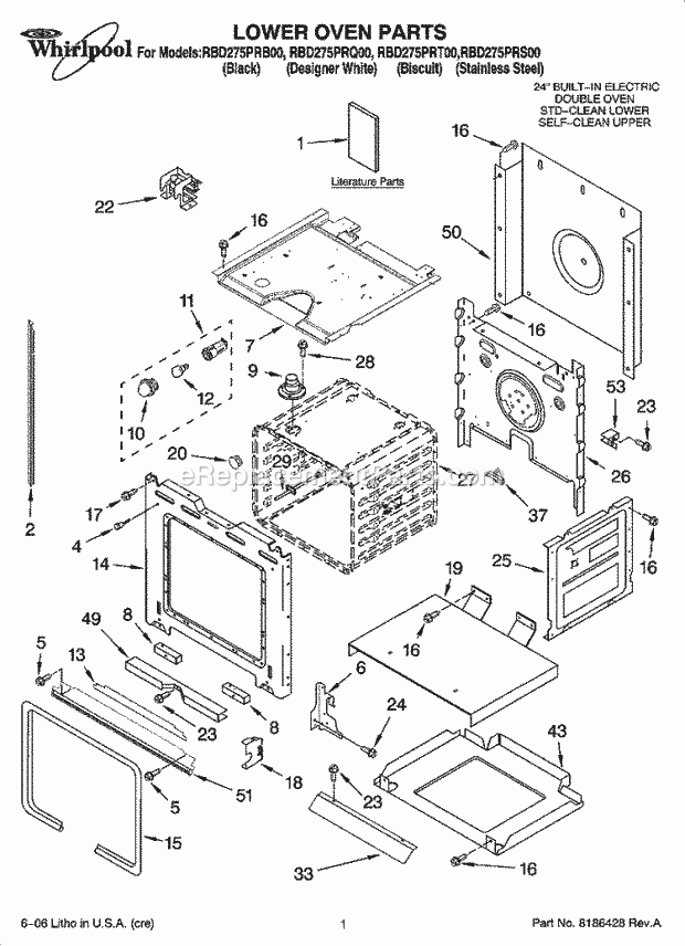 Whirlpool RBD275PRS00 Electric Built-in Oven Lower Oven Parts Diagram