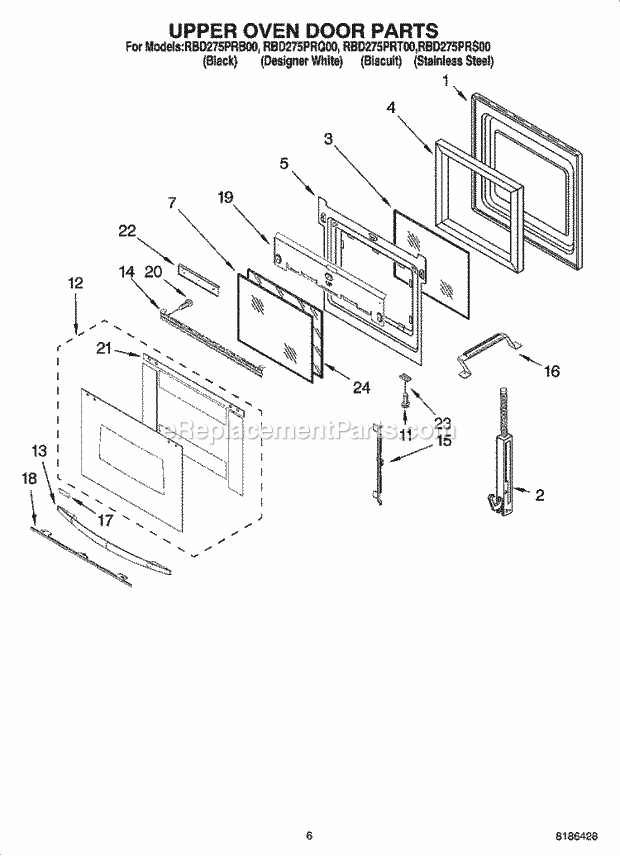 Whirlpool RBD275PRS00 Electric Built-in Oven Upper Oven Door Parts Diagram