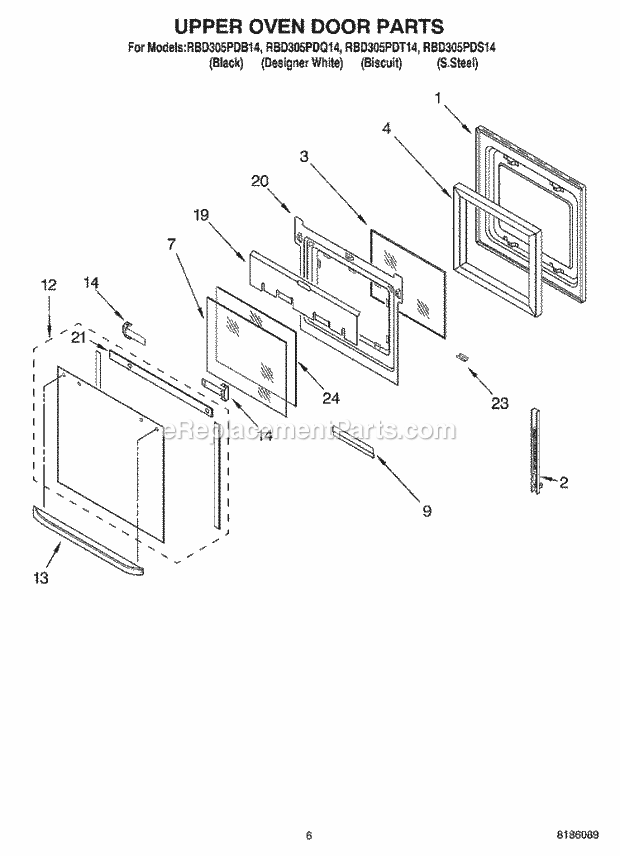 Whirlpool RBD305PDQ14 Electric Built-in Oven Upper Oven Door Parts Diagram