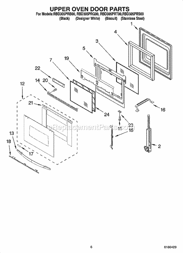 Whirlpool RBD305PRB00 Electric Built-in Oven Upper Oven Door Parts Diagram