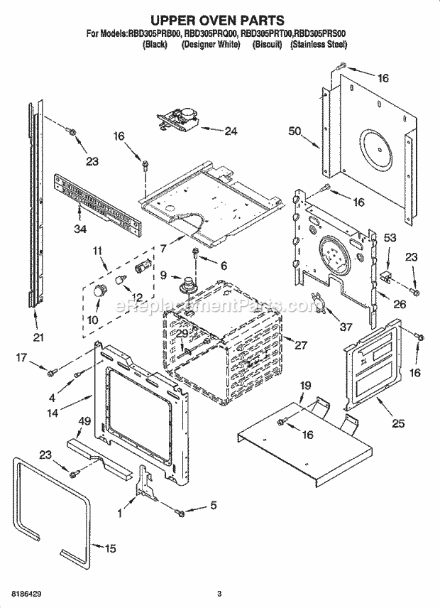 Whirlpool RBD305PRB00 Electric Built-in Oven Upper Oven Parts Diagram