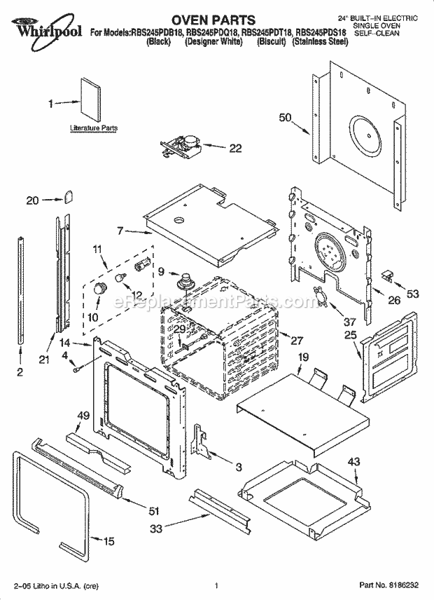 Whirlpool RBS245PDB18 Electric Built-in Oven Oven Parts Diagram