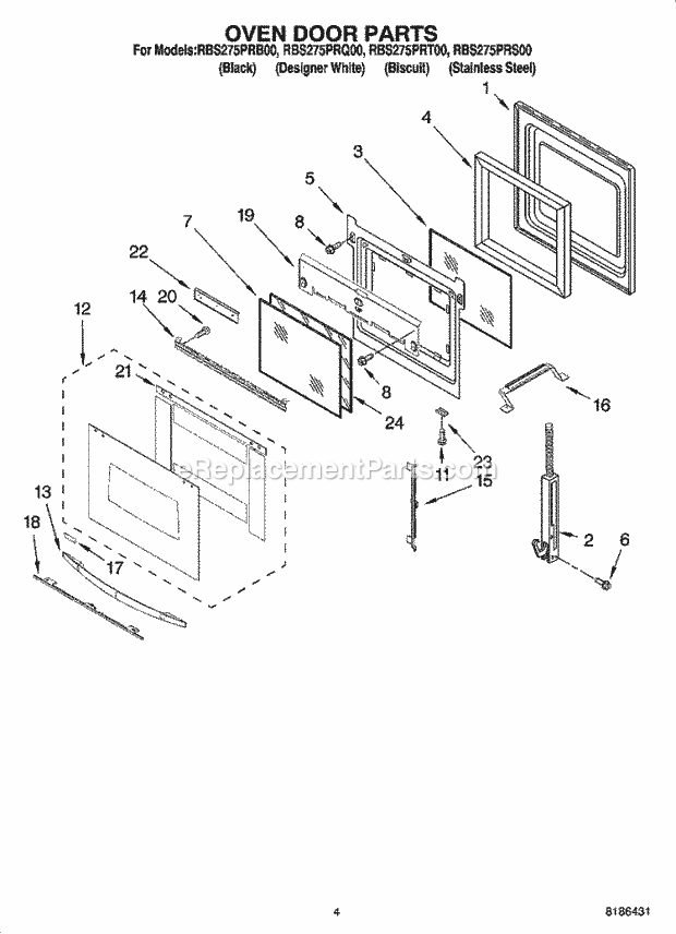 Whirlpool RBS275PRQ00 Electric Built-in Oven Oven Door Parts Diagram