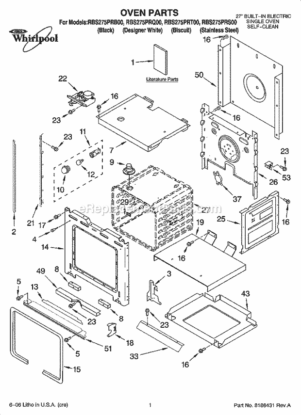 Whirlpool RBS275PRQ00 Electric Built-in Oven Oven Parts Diagram