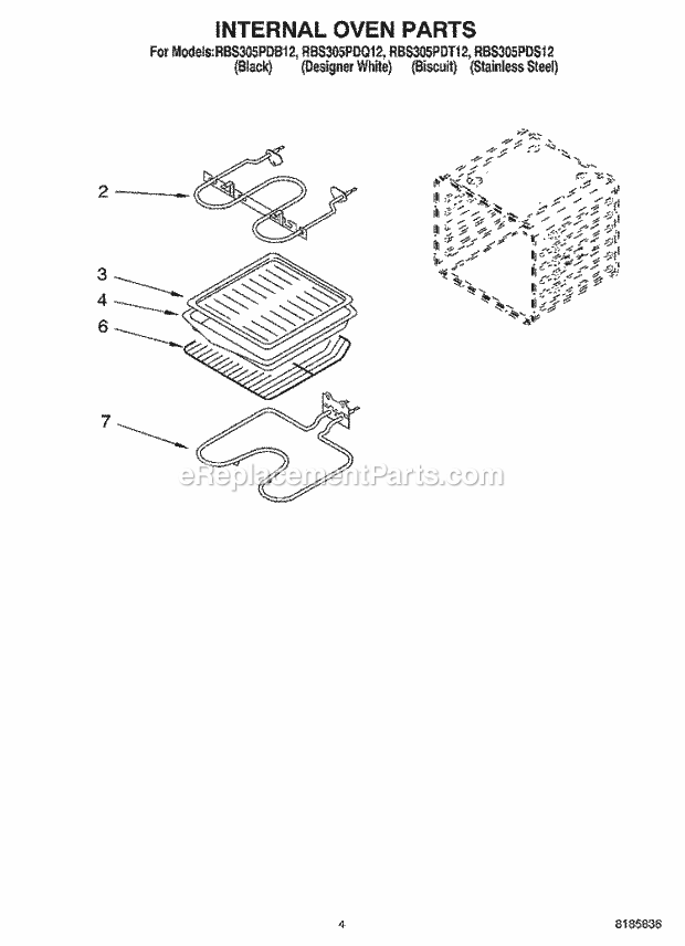 Whirlpool RBS305PDB12 Electric Built-in Oven Internal Oven Diagram