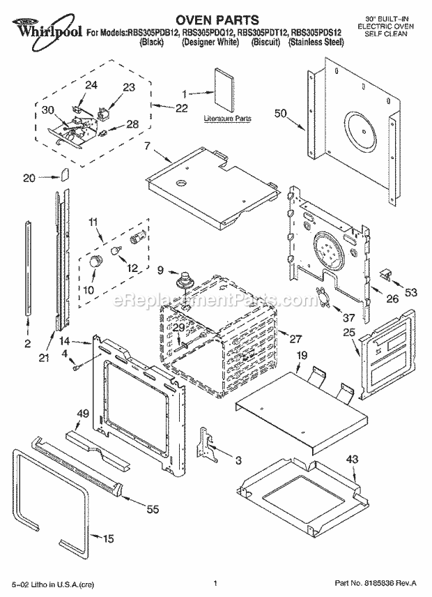 Whirlpool RBS305PDB12 Electric Built-in Oven Oven, Literature Diagram