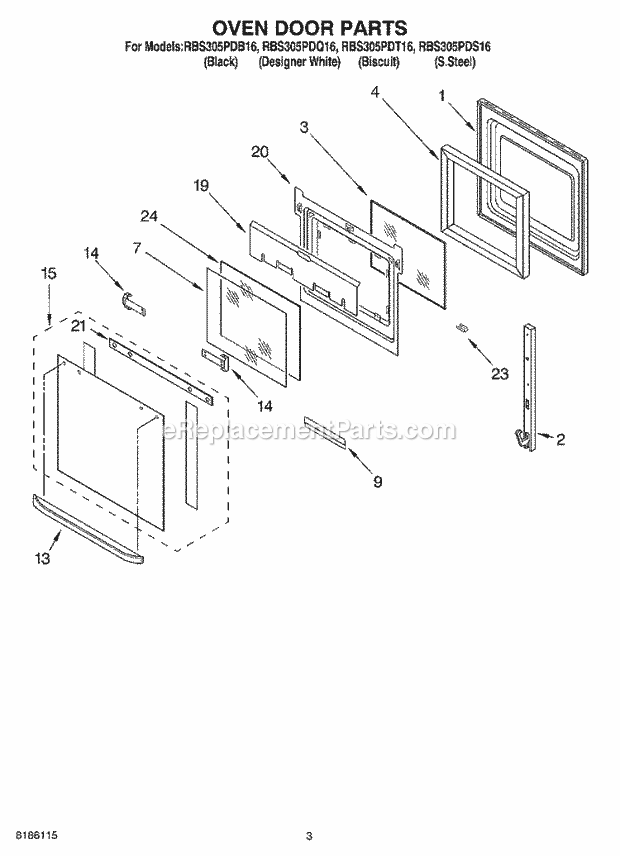 Whirlpool RBS305PDB16 Electric Built-in Oven Oven Door Parts Diagram