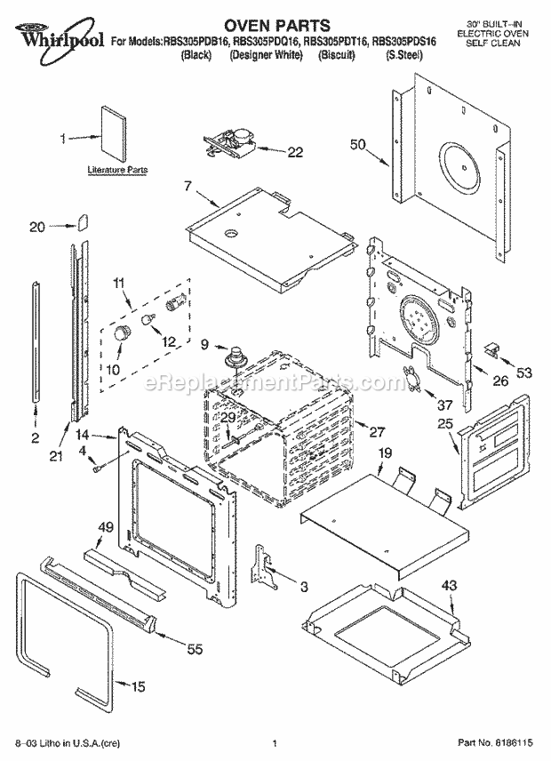 Whirlpool RBS305PDB16 Electric Built-in Oven Oven Parts Diagram