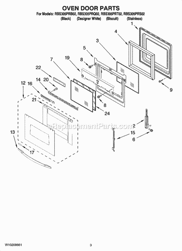 Whirlpool RBS305PRB02 Electric Built-in Oven Oven Door Parts Diagram