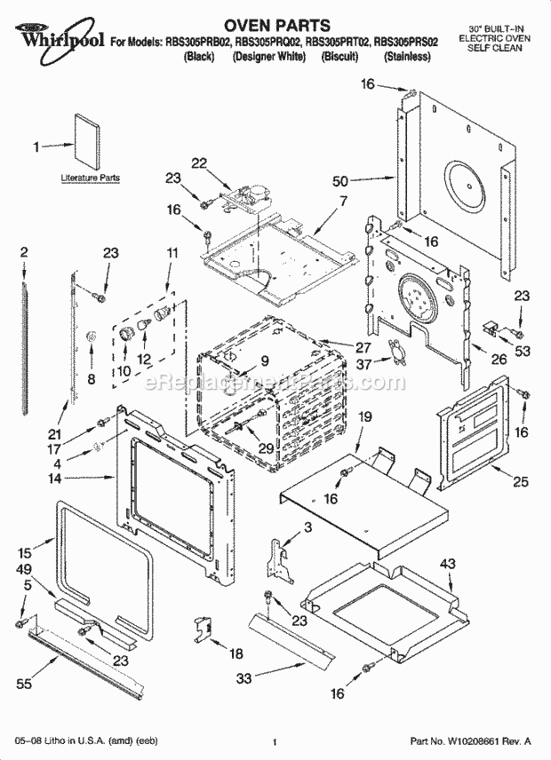 Whirlpool RBS305PRB02 Electric Built-in Oven Oven Parts Diagram