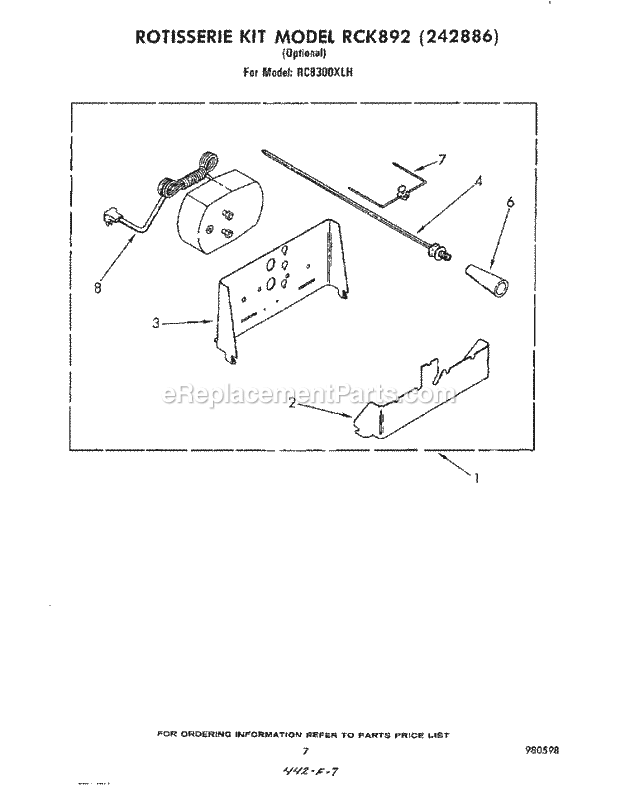 Whirlpool RC8300XLH Electric Range Rotisserie Kit Rck 892 Diagram