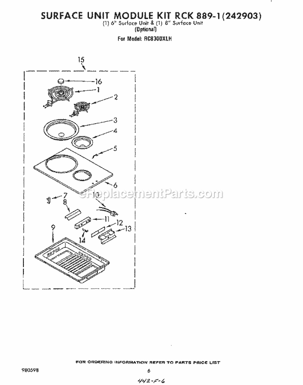 Whirlpool RC8300XLH Electric Range Surface Unit Kit Rck889-1 Diagram