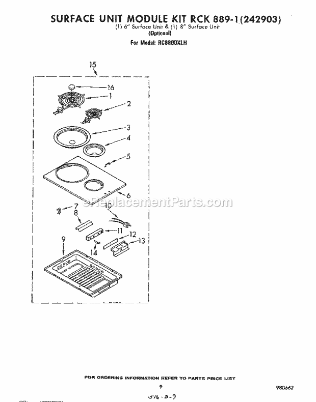 Whirlpool RC8800XLH Electric Range Surface Unit Rck 889-1 (242903) Diagram