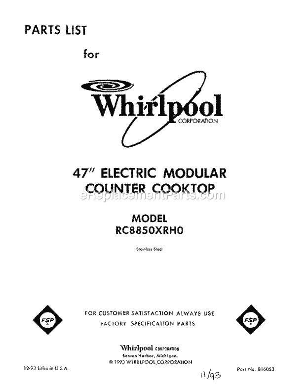 Whirlpool RC8850XRH0 Electric Range Page C Diagram