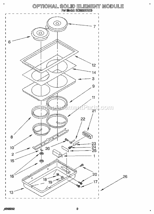 Whirlpool RC8920XAH0 Electric Cooktop Optional Solid Element Module Diagram