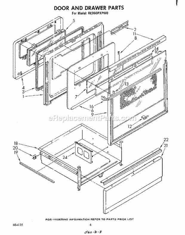 Whirlpool RE960PXPW0 Electric Range Door and Drawer Diagram