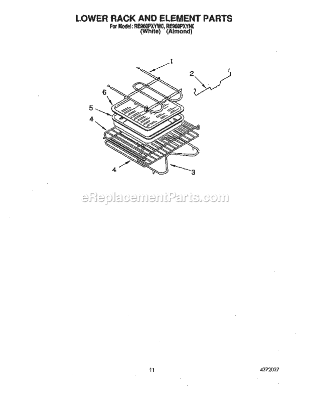 Whirlpool RE960PXYW0 Electric Self Cleaning Oven Lower Rack and Element, Literature Diagram