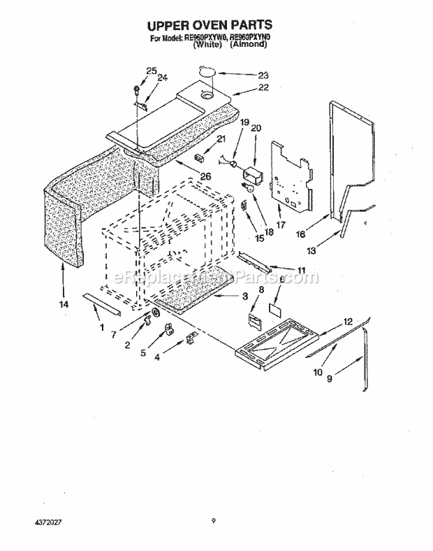 Whirlpool RE960PXYW0 Electric Self Cleaning Oven Upper Oven Diagram