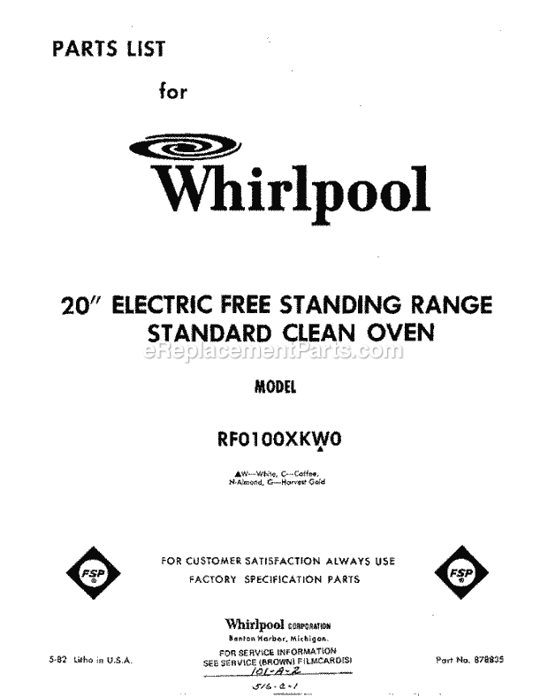 Whirlpool RF0100XKW0 Electric Range Page D Diagram
