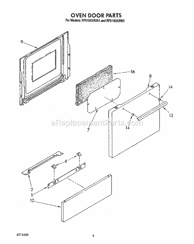 Whirlpool RF0100XRW4 Electric Range Oven Door Diagram