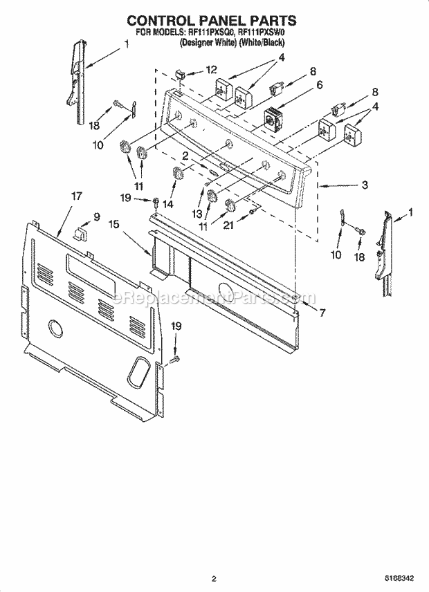 Whirlpool RF111PXSQ0 Freestanding Electric Control Panel Parts Diagram