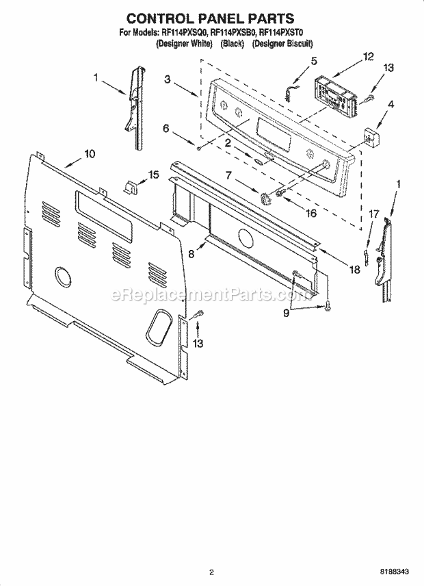 Whirlpool RF114PXSB0 Freestanding Electric Control Panel Parts Diagram