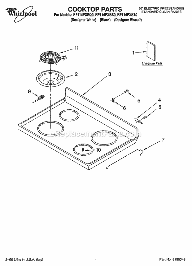 Whirlpool RF114PXSB0 Freestanding Electric Cooktop Parts Diagram