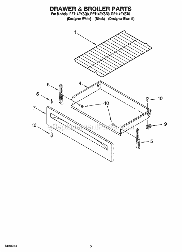 Whirlpool RF114PXSB0 Freestanding Electric Drawer & Broiler Parts Diagram