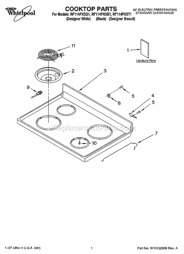 Whirlpool RF114PXSB1 Freestanding Electric Cooktop Parts Diagram
