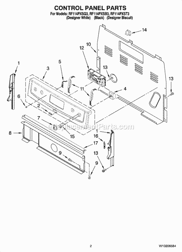 Whirlpool RF114PXSB3 Freestanding Electric Control Panel Parts Diagram