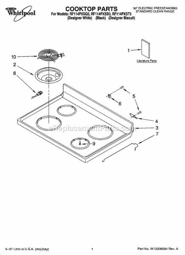 Whirlpool RF114PXSQ3 Freestanding Electric Cooktop Parts Diagram