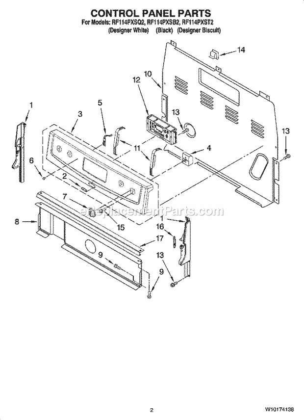 Whirlpool RF114PXST2 Freestanding Electric Control Panel Parts Diagram