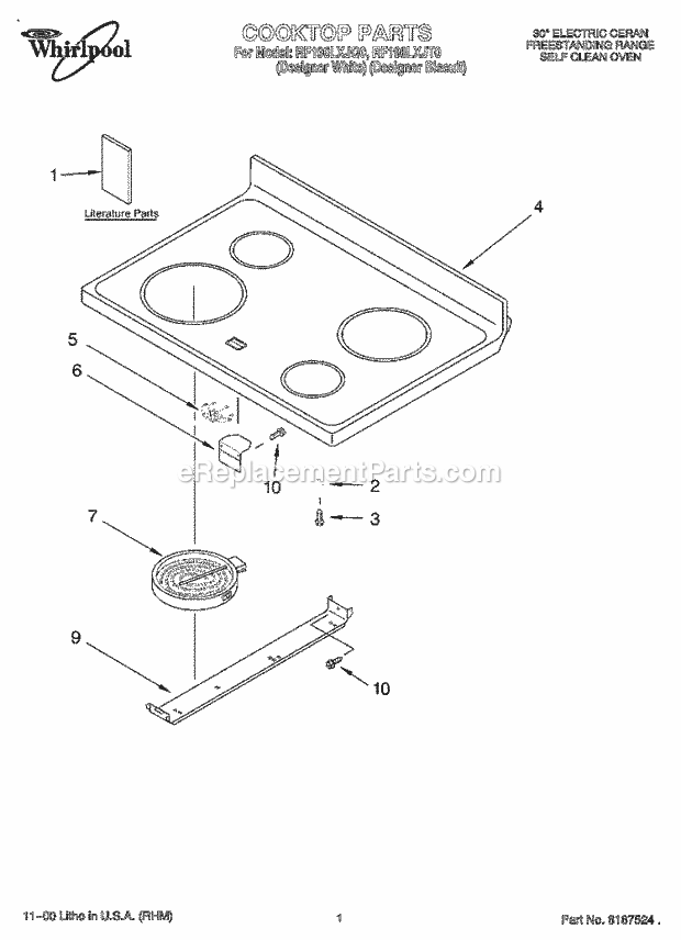 Whirlpool RF196LXJT0 Freestanding Electric Range Cooktop, Literature Diagram