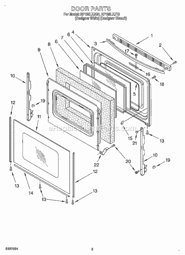 Whirlpool RF196LXJT0 Freestanding Electric Range Door Diagram