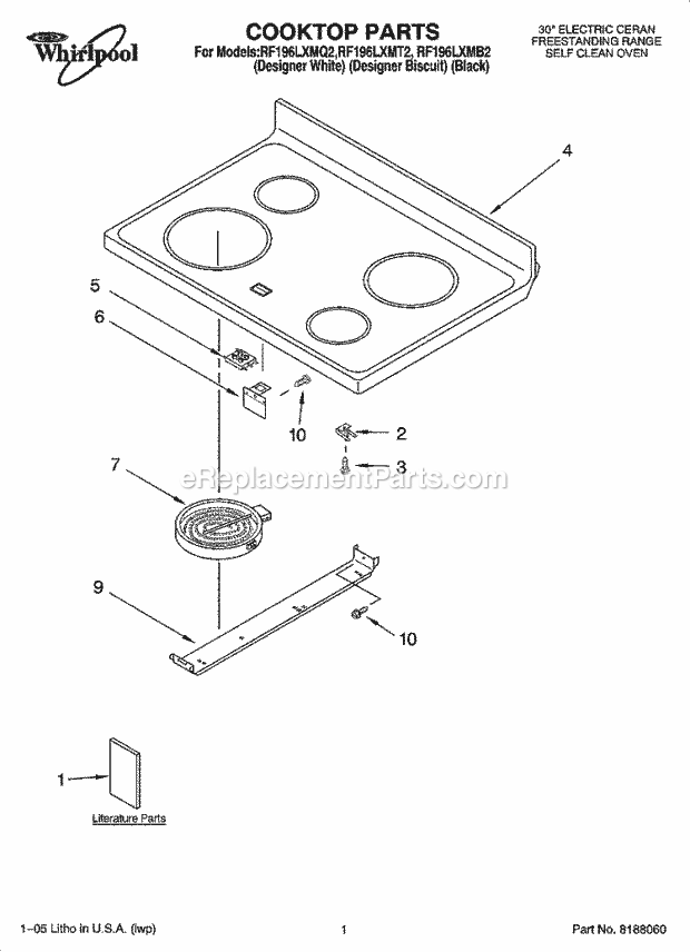 Whirlpool RF196LXMB2 Freestanding Electric Cooktop Parts Diagram