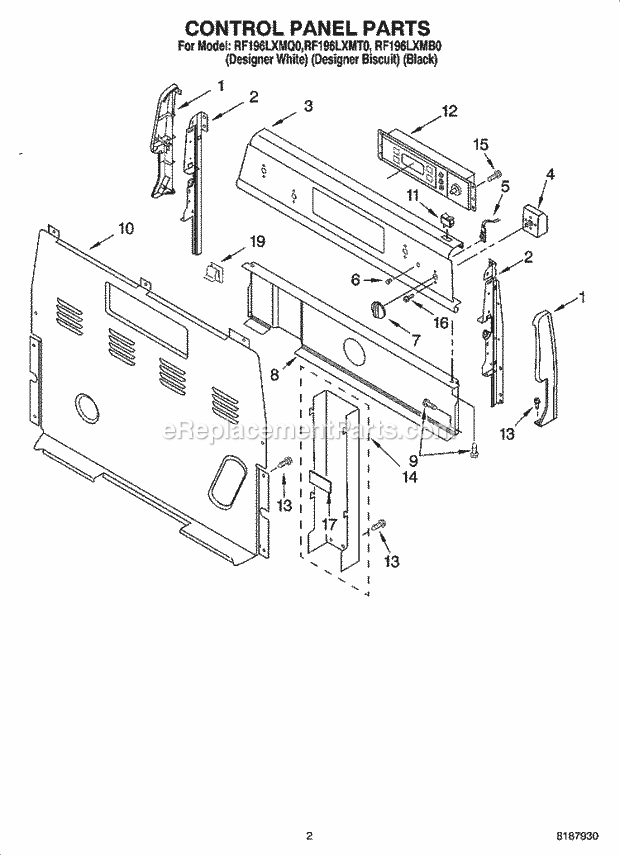 Whirlpool RF196LXMQ0 Freestanding Electric Control Panel Parts Diagram