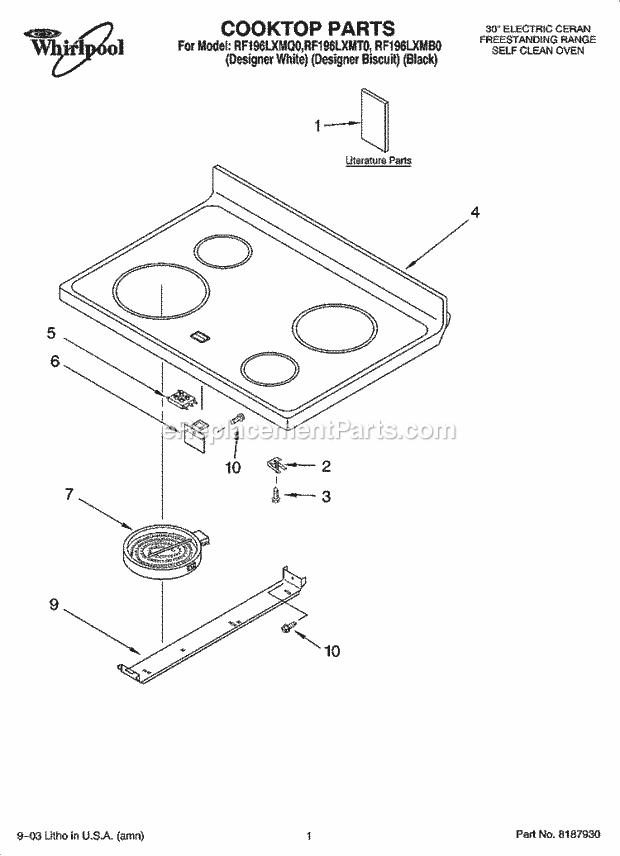 Whirlpool RF196LXMQ0 Freestanding Electric Cooktop Parts Diagram