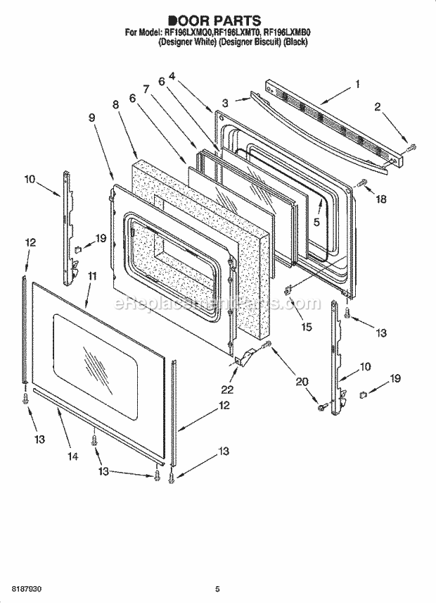 Whirlpool RF196LXMQ0 Freestanding Electric Door Parts Diagram