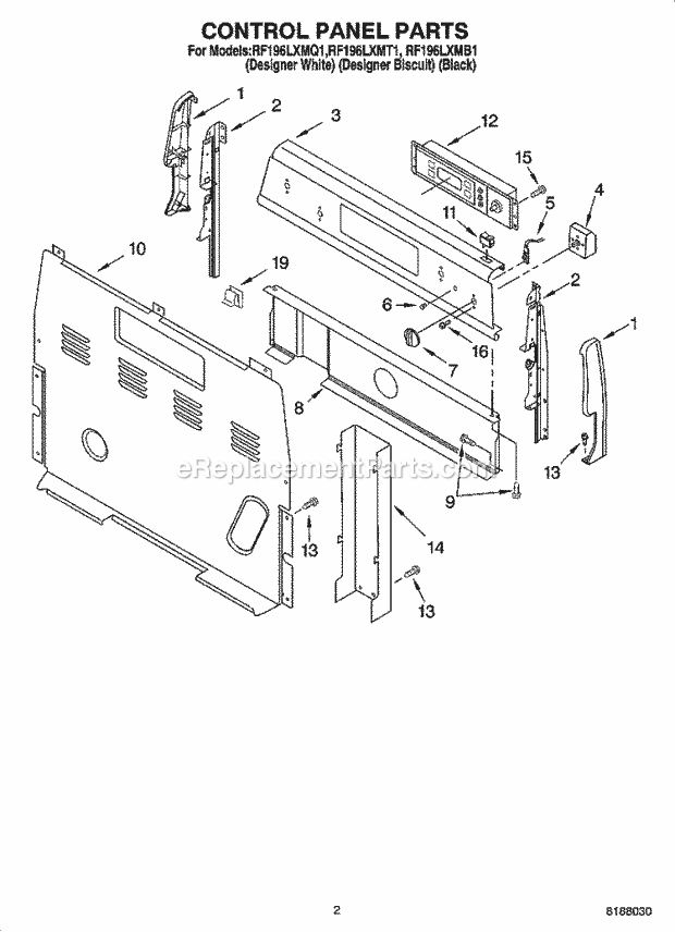 Whirlpool RF196LXMT1 Freestanding Electric Control Panel Parts Diagram