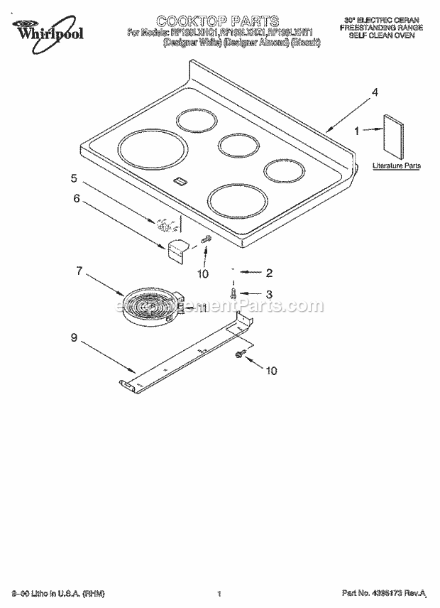 Whirlpool RF199LXHT1 Freestanding Electric Range Cooktop, Literature Diagram