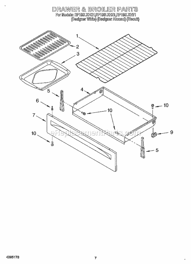 Whirlpool RF199LXHT1 Freestanding Electric Range Drawer and Broiler Diagram