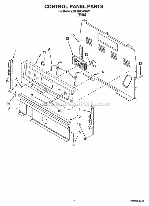 Whirlpool RF260BXSW2 Freestanding Electric Control Panel Parts Diagram