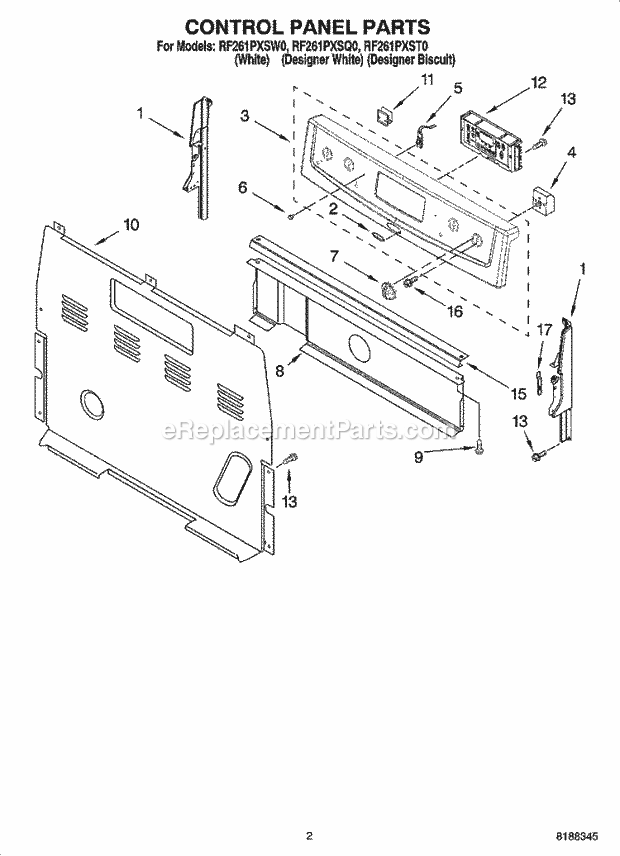 Whirlpool RF261PXST0 Freestanding Electric Control Panel Parts Diagram