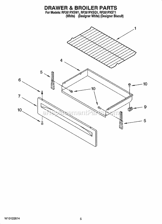 Whirlpool RF261PXST1 Freestanding Electric Drawer & Broiler Parts Diagram