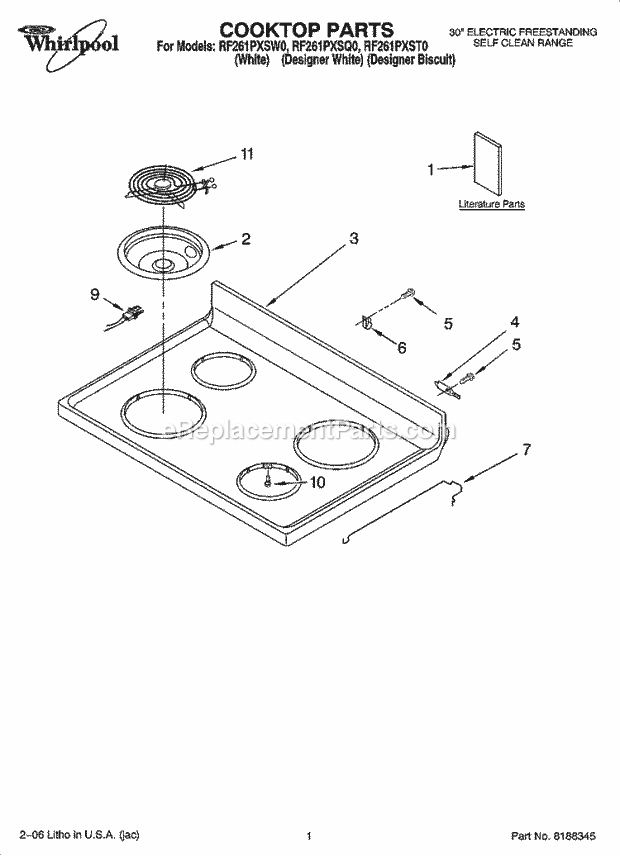 Whirlpool RF261PXSW0 Freestanding Electric Cooktop Parts Diagram