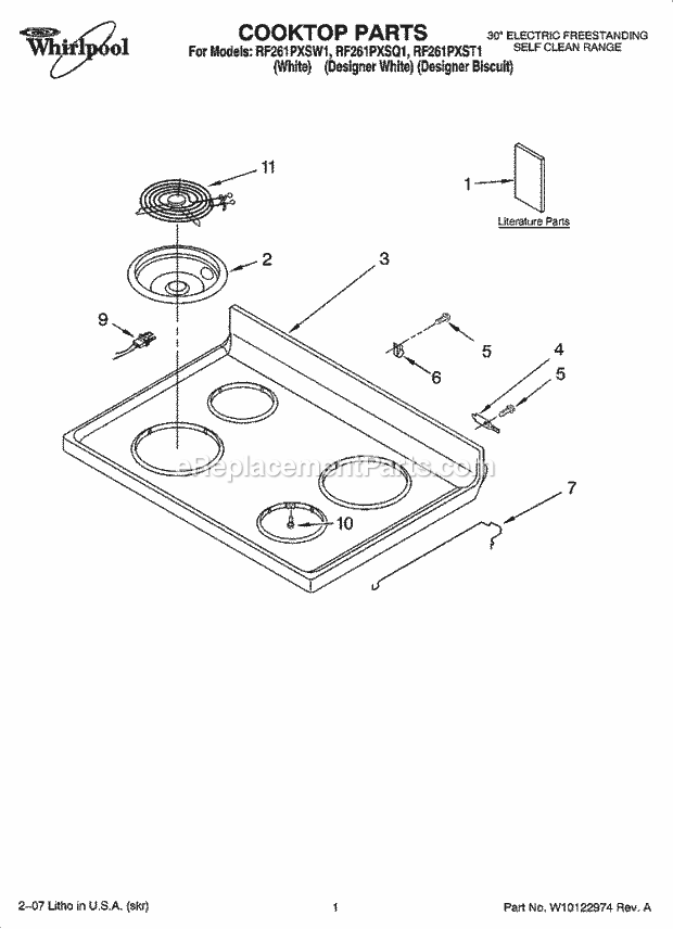 Whirlpool RF261PXSW1 Freestanding Electric Cooktop Parts Diagram