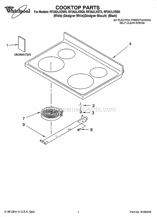 Whirlpool RF262LXSB0 Freestanding Electric Range Cooktop Parts Diagram