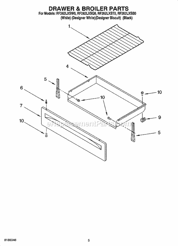 Whirlpool RF262LXSB0 Freestanding Electric Range Drawer & Broiler Parts Diagram