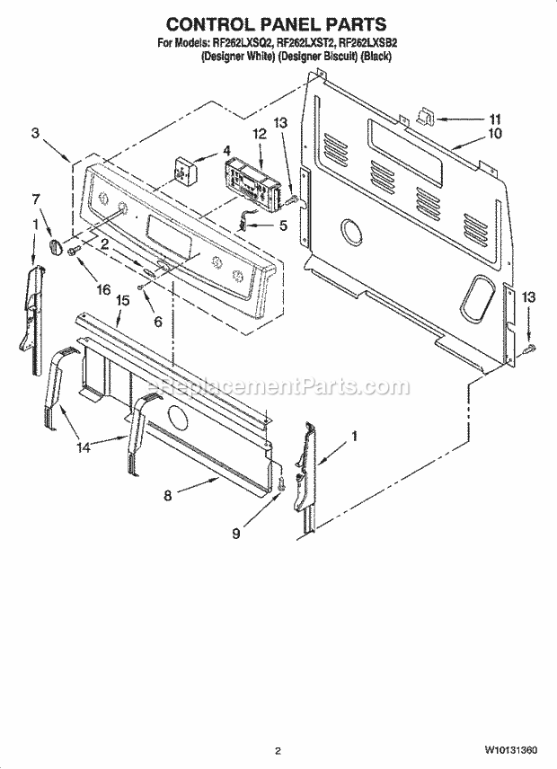 Whirlpool RF262LXSB2 Freestanding Electric Control Panel Parts Diagram